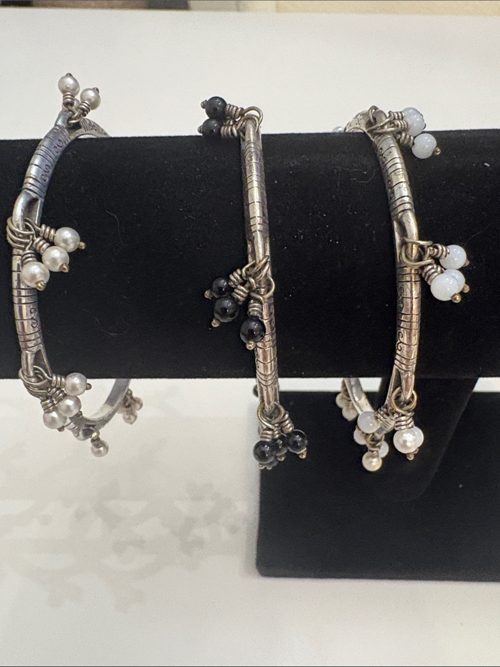 Brighton Vintage Pearl Dangle Silver Bangle Bracelet - Retired Set of 3
